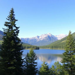 Create a beautiful and serene landscape featuring a tranquil lake surrounded by lush green trees and mountains in the background under a clear blue sky