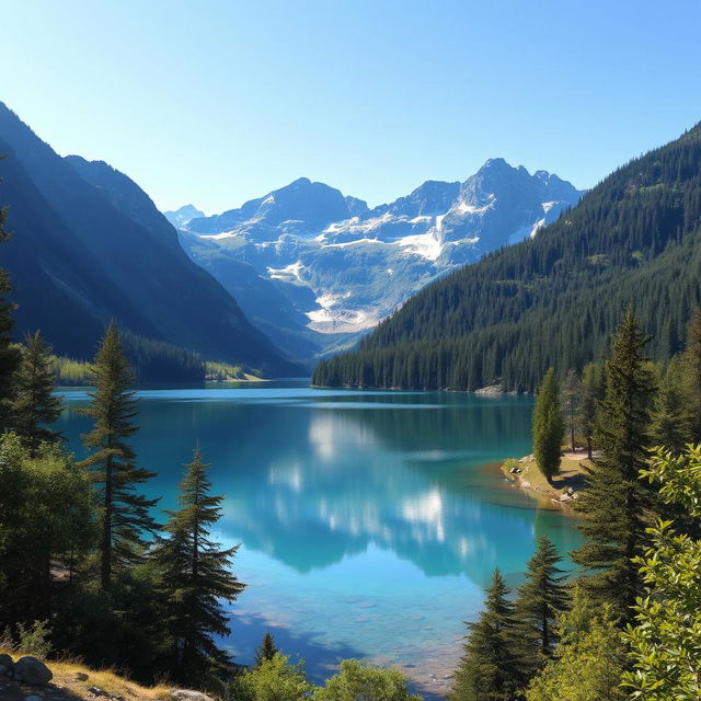 Create a beautiful and serene landscape featuring a tranquil lake surrounded by lush green trees and mountains in the background under a clear blue sky