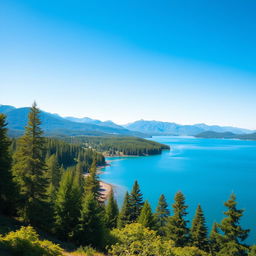 Create a beautiful and serene landscape featuring a tranquil lake surrounded by lush green trees and mountains in the background under a clear blue sky