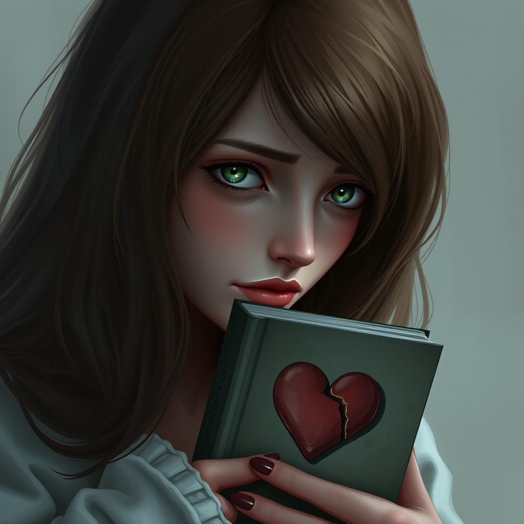 A digital art depiction of a sad woman with brunette hair and green eyes