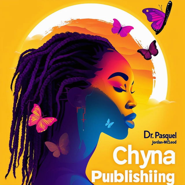 A vibrant logo for a book featuring a silhouette of a woman with dreadlocks and butterflies, with the names Dr