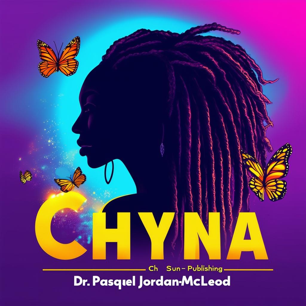 A vibrant logo for a book featuring a silhouette of a woman with dreadlocks and butterflies, with the names Dr