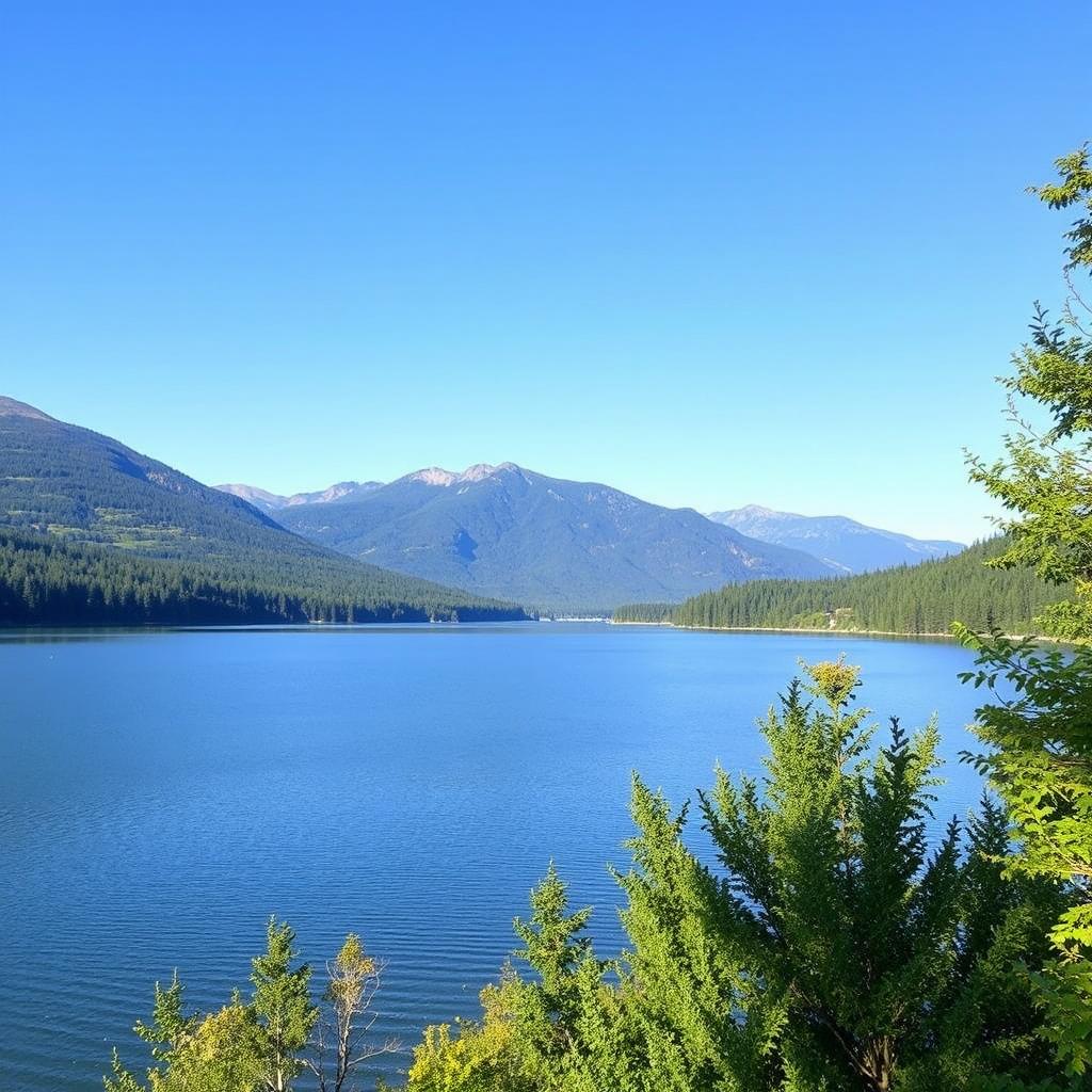 A serene landscape featuring a calm lake surrounded by lush green trees and mountains in the background under a clear blue sky