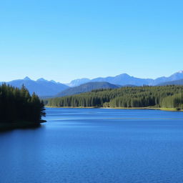 A serene landscape featuring a calm lake surrounded by lush green trees and mountains in the background under a clear blue sky