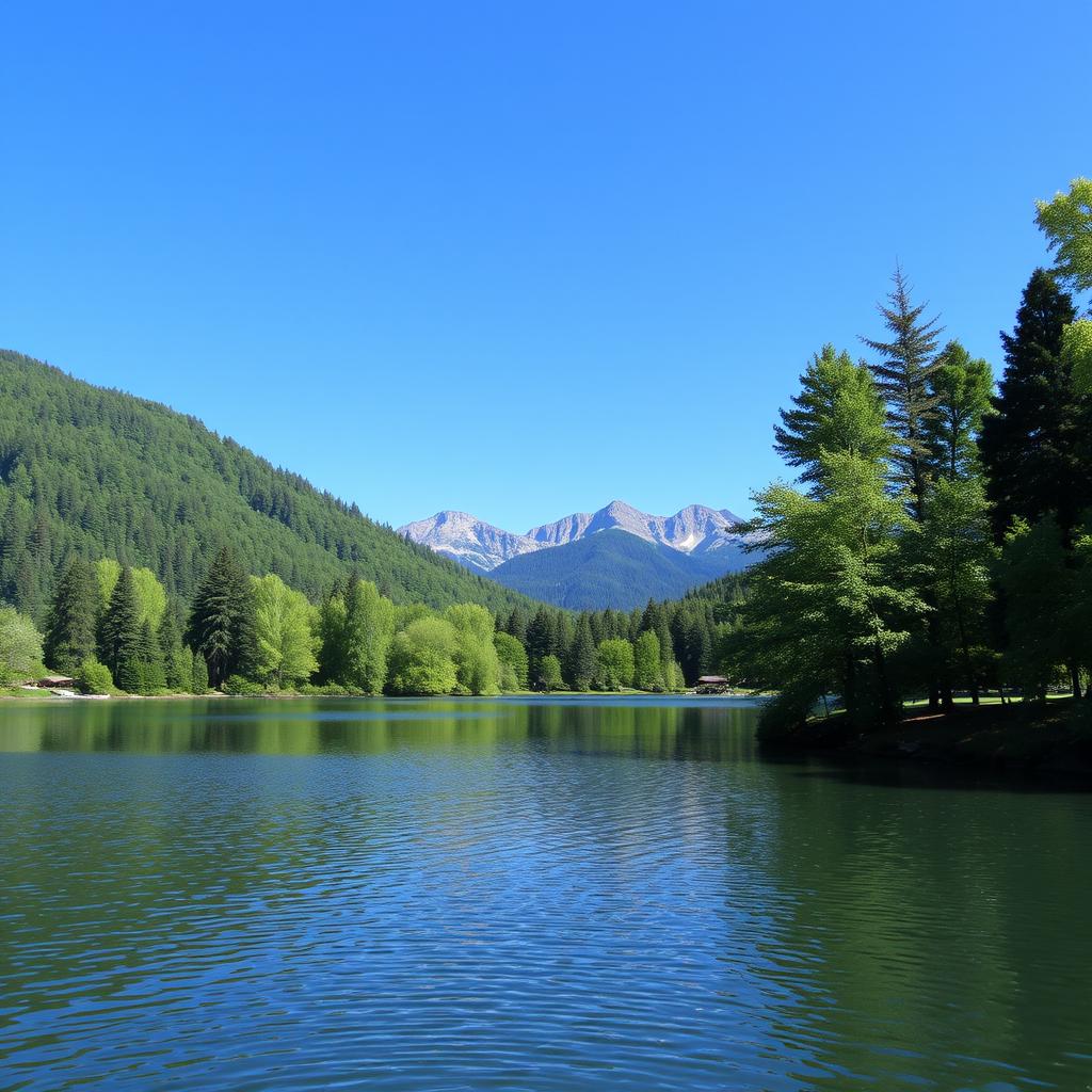 A serene landscape featuring a calm lake surrounded by lush green trees and mountains in the background under a clear blue sky