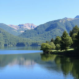 A serene landscape featuring a calm lake surrounded by lush green trees and mountains in the background under a clear blue sky