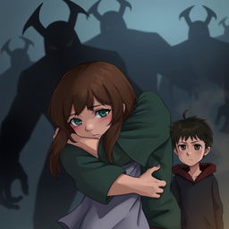 A digital art scene showing a boy hugging a sad girl with brunette hair and green eyes