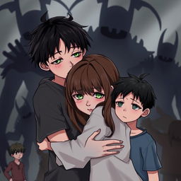 A digital art scene showing a boy hugging a sad girl with brunette hair and green eyes