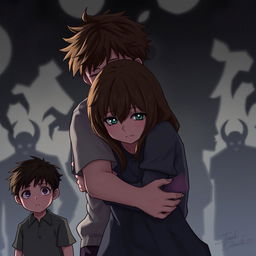 A digital art scene showing a boy hugging a sad girl with brunette hair and green eyes