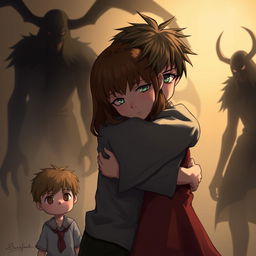 A digital art scene showing a boy hugging a sad girl with brunette hair and green eyes