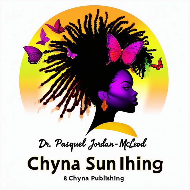 A vibrant logo for a book featuring a silhouette of a woman with short dreadlocks and butterflies, with the names Dr