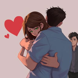 A digital art scene showing a man hugging a sad woman with brunette hair and green eyes