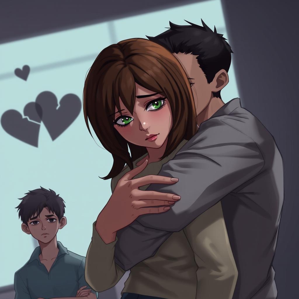 A digital art scene showing a man hugging a sad woman with brunette hair and green eyes