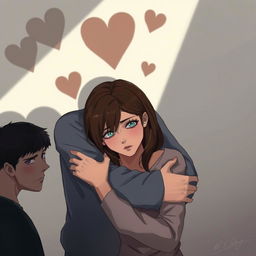 A digital art scene showing a man hugging a sad woman with brunette hair and green eyes