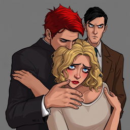A digital art scene showing a man with red hair in a suit hugging a sad woman with blonde, curly hair and blue eyes