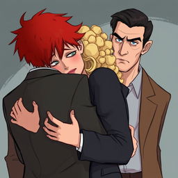 A digital art scene showing a man with red hair in a suit hugging a sad woman with blonde, curly hair and blue eyes