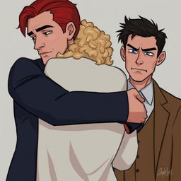 A digital art scene showing a man with red hair in a suit hugging a sad woman with blonde, curly hair and blue eyes