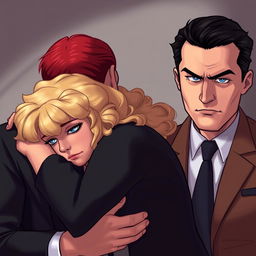 A digital art scene showing a man with red hair in a suit hugging a sad woman with blonde, curly hair and blue eyes