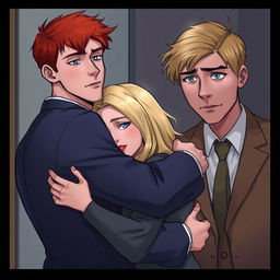 A digital art scene showing a 22-year-old man with red hair in a suit hugging a 19-year-old woman with blonde hair and blue eyes