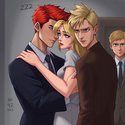 A digital art scene showing a 22-year-old man with red hair in a suit hugging a 19-year-old woman with blonde hair and blue eyes