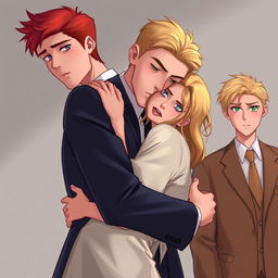 A digital art scene showing a 22-year-old man with red hair in a suit hugging a 19-year-old woman with blonde hair and blue eyes