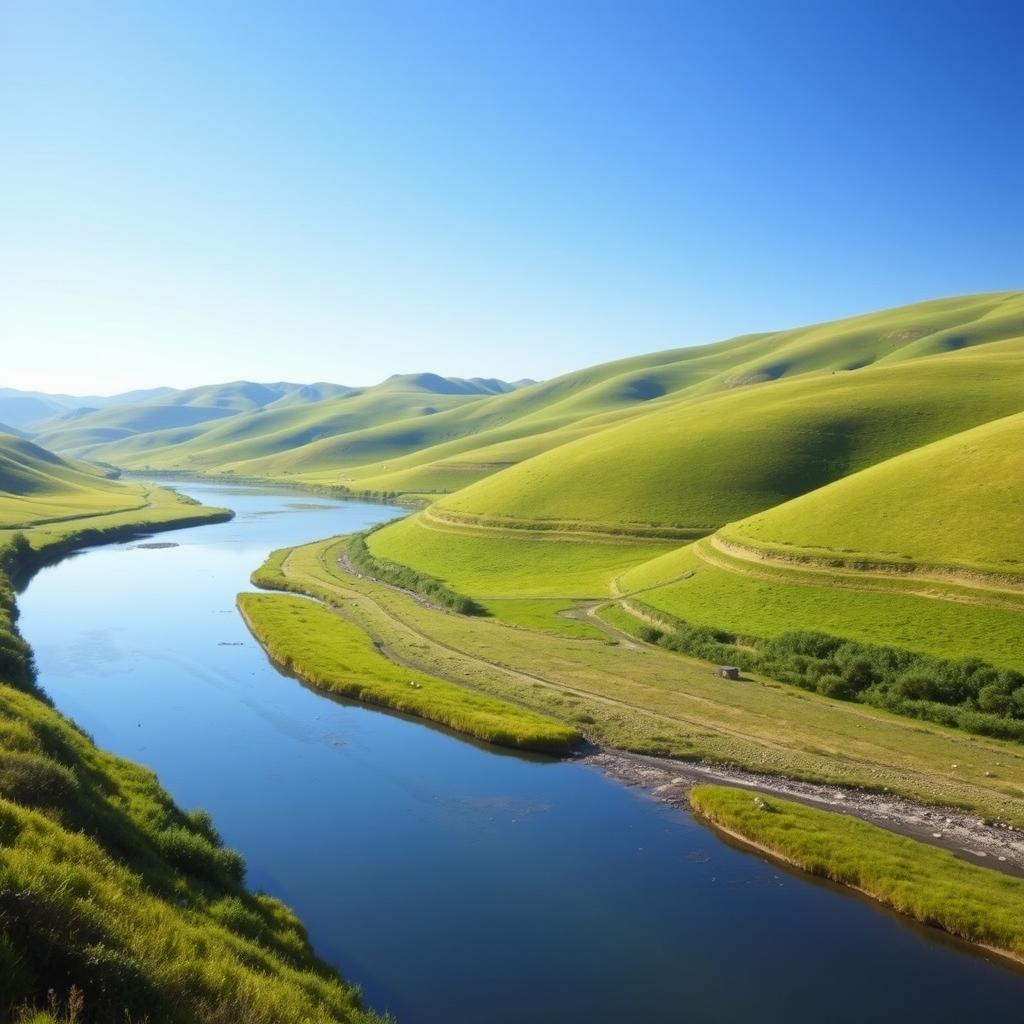 A serene landscape featuring a clear blue sky, rolling green hills, and a calm river flowing through the valley