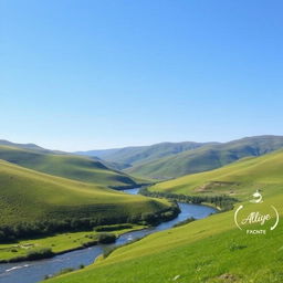 A serene landscape featuring a clear blue sky, rolling green hills, and a calm river flowing through the valley