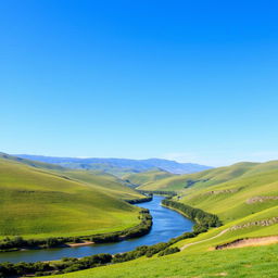 A serene landscape featuring a clear blue sky, rolling green hills, and a calm river flowing through the valley