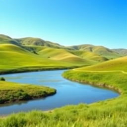 A serene landscape featuring a clear blue sky, rolling green hills, and a calm river flowing through the valley