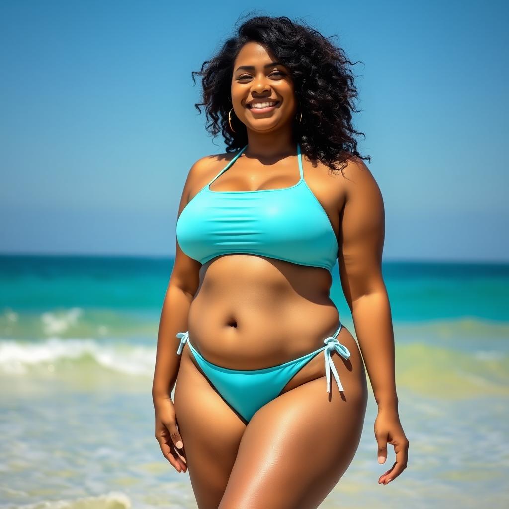 A thick Indian woman wearing a mini bikini, posing confidently at the beach