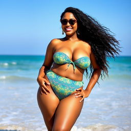 A thick Indian woman wearing a mini bikini, posing confidently at the beach