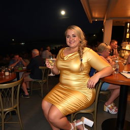 A curvy and fat blond woman with hair in a sexy plait is sitting in a cafe overlooking the beach at Lyme Regis