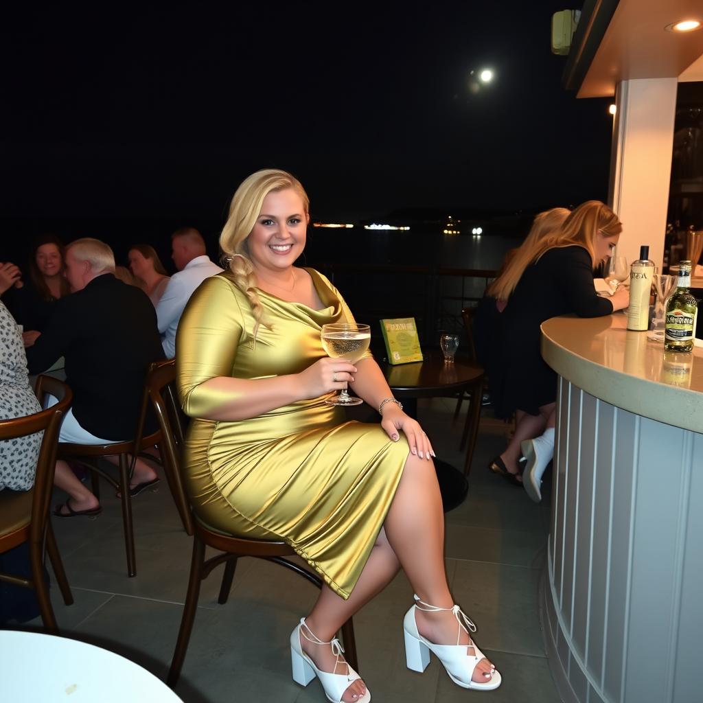 A curvy and fat blond woman with hair in a sexy plait is sitting in a cafe overlooking the beach at Lyme Regis