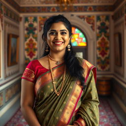 A thick Indian woman wearing traditional Indian clothes, such as a saree or salwar kameez