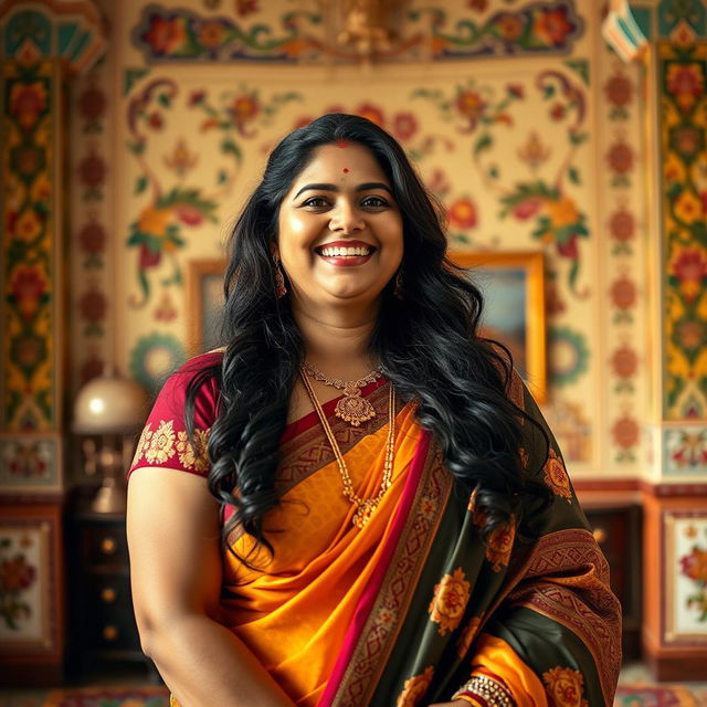 A thick Indian woman wearing traditional Indian clothes, such as a saree or salwar kameez