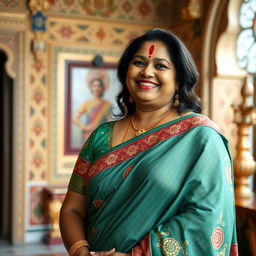 A thick Indian woman wearing traditional Indian clothes, such as a saree or salwar kameez