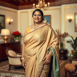 A thick Indian woman wearing revealing traditional Indian clothes, such as a saree draped in a modern and stylish way