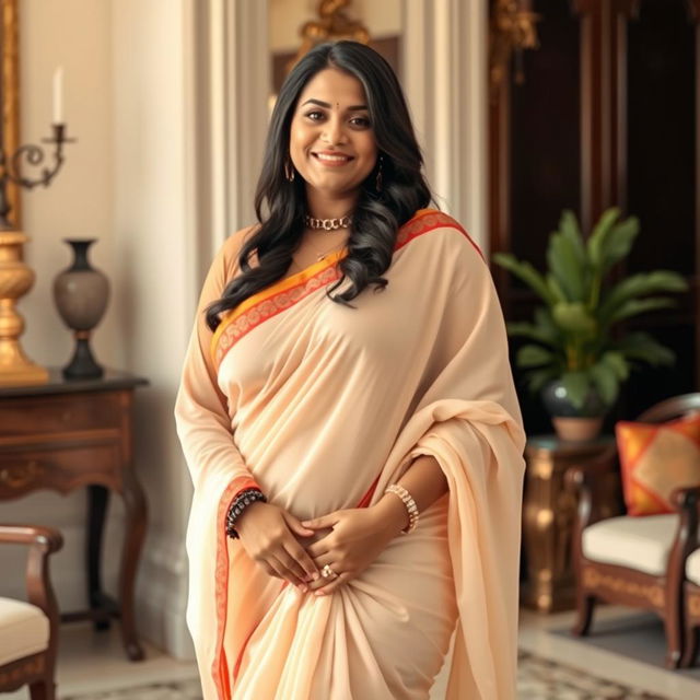 A thick Indian woman wearing revealing traditional Indian clothes, such as a saree draped in a modern and stylish way