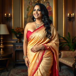 A thick Indian woman wearing revealing traditional Indian clothes, such as a saree draped in a modern and stylish way