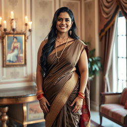 A thick Indian woman wearing revealing traditional Indian clothes, such as a saree draped in a modern and stylish way