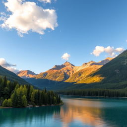 A beautiful landscape featuring a serene lake surrounded by lush green forests and majestic mountains in the background