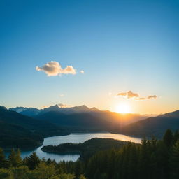 A beautiful landscape featuring a serene lake surrounded by lush green forests and majestic mountains in the background