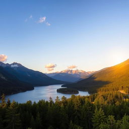 A beautiful landscape featuring a serene lake surrounded by lush green forests and majestic mountains in the background