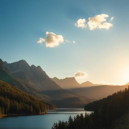 A beautiful landscape featuring a serene lake surrounded by lush green forests and majestic mountains in the background