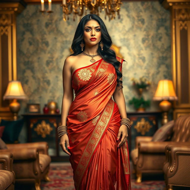 A thick Indian woman wearing very revealing traditional Indian clothes, such as a saree draped in a provocative manner