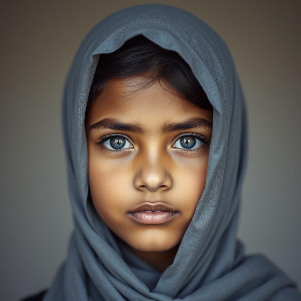 A portrait of a girl with a hijab, brown skin, and grey eyes