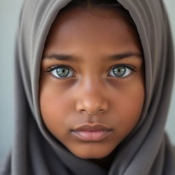 A portrait of a girl with a hijab, brown skin, and grey eyes