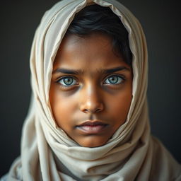 A portrait of a girl with a hijab, brown skin, and grey eyes