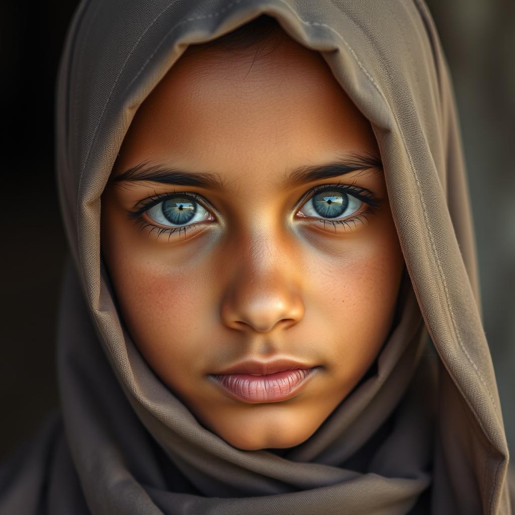 A portrait of a girl with a hijab, brown skin, and grey eyes