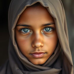 A portrait of a girl with a hijab, brown skin, and grey eyes